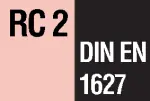 DIN EN 1627-1630 Classe de résistance: RC2 Les éléments de construction empêchent l'effraction avec de simples outils de levier comme un tournevis, une pince ou des coins pendant une durée d'au moins trois minutes