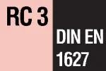 DIN EN 1627-1630 Classe de résistance: RC3 Les éléments de construction rendent difficile l'effraction avec un deuxième tournevis et un pied de biche pendant une durée d'au moins cinq minutes