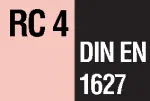 DIN EN 1627-1630 Classe de résistance: RC4 Les éléments de construction offrent également une résistance aux malfaiteurs expérimentés qui agissent avec des outils de sciage