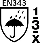 EN 343-1-3-X Schutzkleidung – Schutz gegen Regen: Wasserdurchlässigkeit Klasse 1, Wasserdampfbeständigkeit Klasse 3, Rain Tower test: X